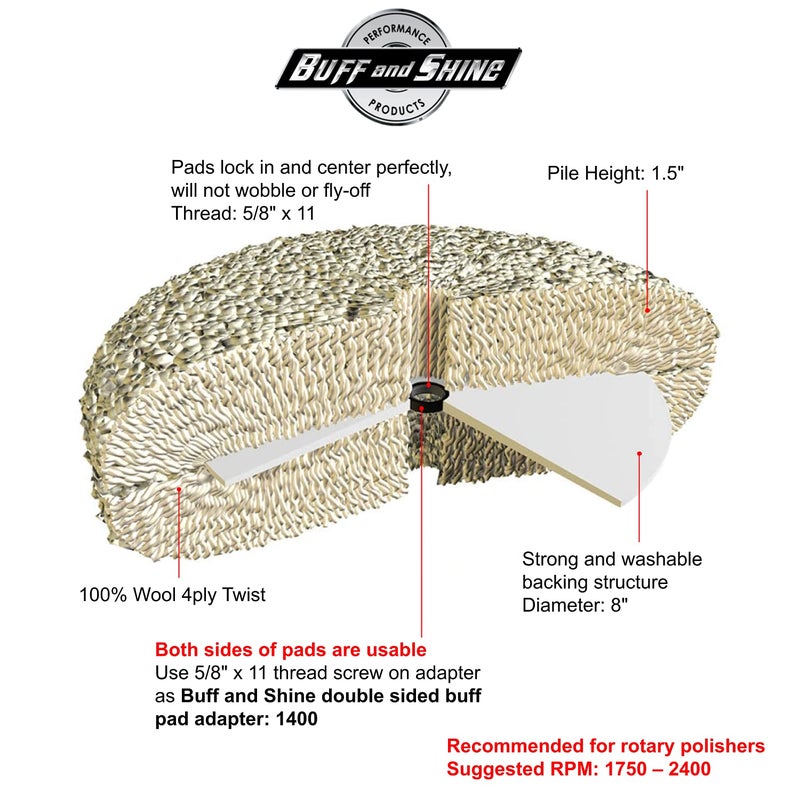 Buff and Shine باد قطع مزدوج الجانب من الصوف المجدول 100% 4 طبقات بقطر 8 بوصات وسماكة 1.5 بوصة من بوف آند شاين BFS-803N - Image 3
